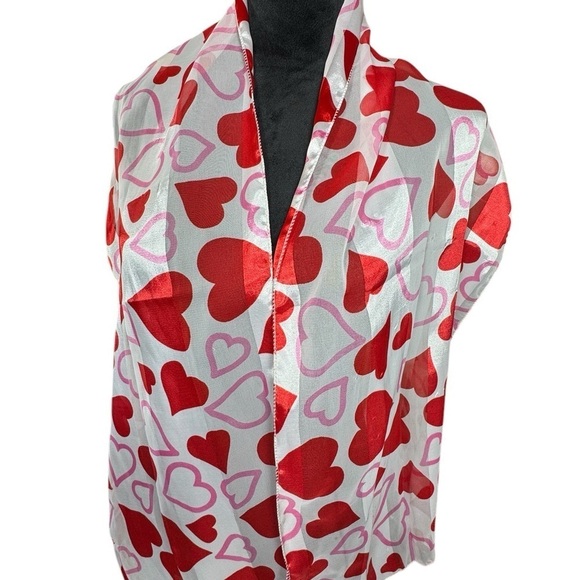 Red Pink Heart Print Satin Scarf Valentine’s Day Gift Wrap Accessory - Picture 5 of 8